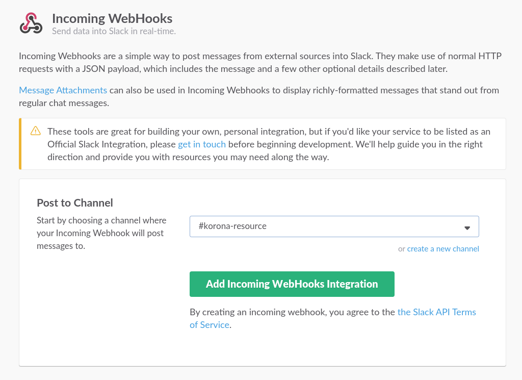 setting up an incoming webhook in slack